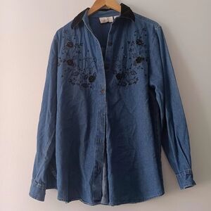 Casey & Max Denim Shirt Blue Floral Beaded Button Down Velvet Collar M